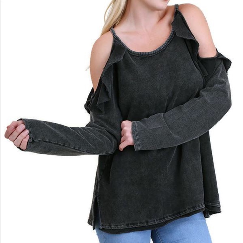 Umgee Ruffled Garment Dyed Top, Ash